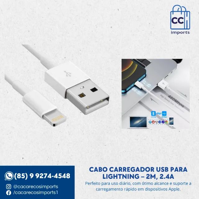 Cabo Carregador USB para Lightning - 2m, 2.4A