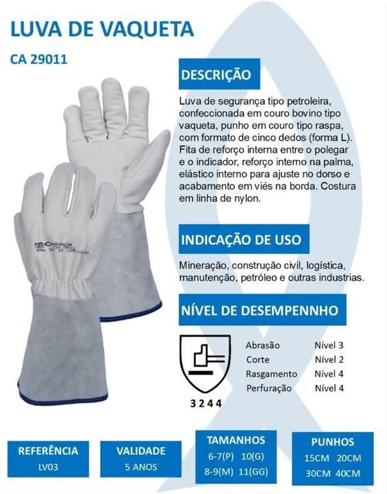 Luva de Couro Vaqueta Punho 15cm Cano Longo Tam 10 EPI - Foto 5