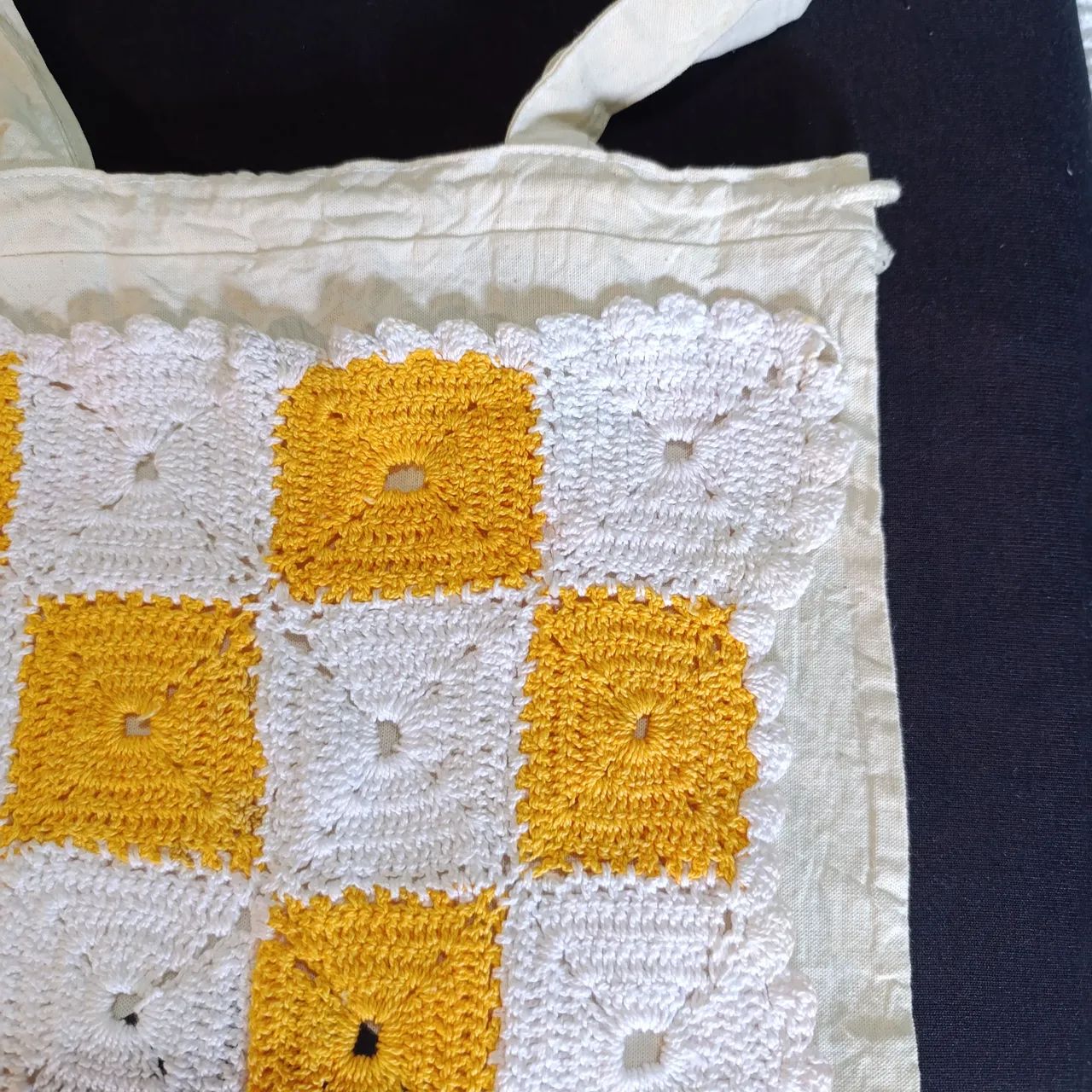 Ecobag com Crochê Xadrez Amarelo e Branco  - Foto 3