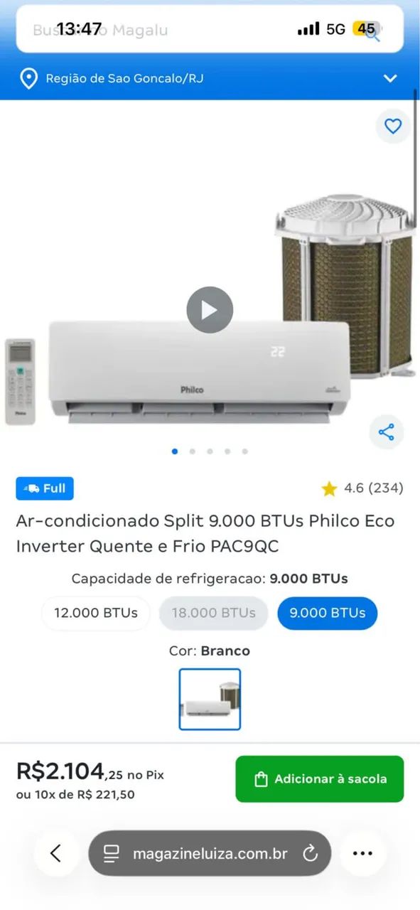 Ar condicionado 9 Mil BTUS