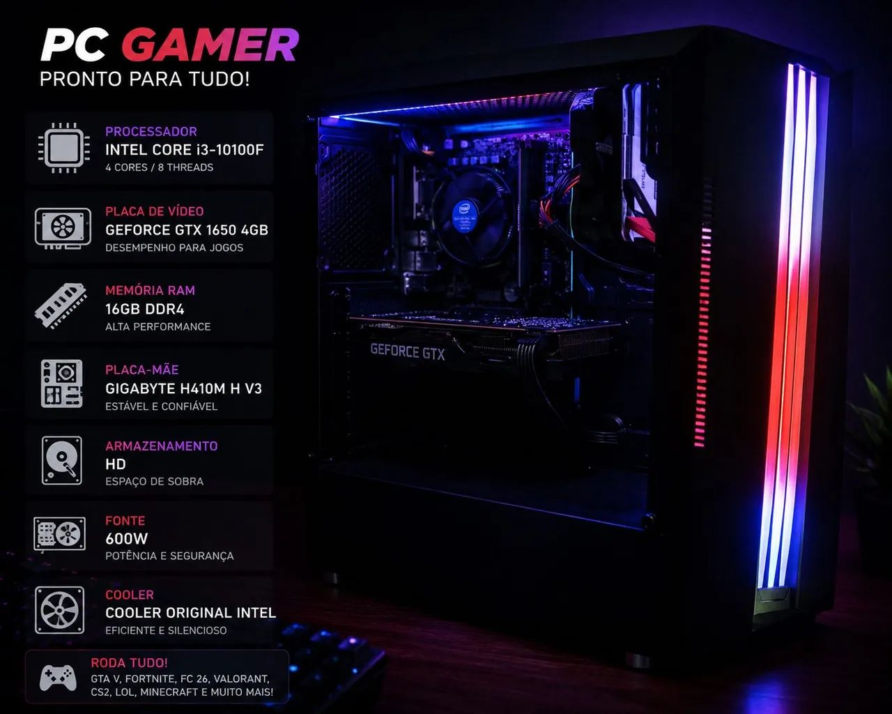 PC Gamer i3-10100F + GTX 1650 + 16GB RAM - Roda GTA V, FC 26, Fortnite e muito mais!
