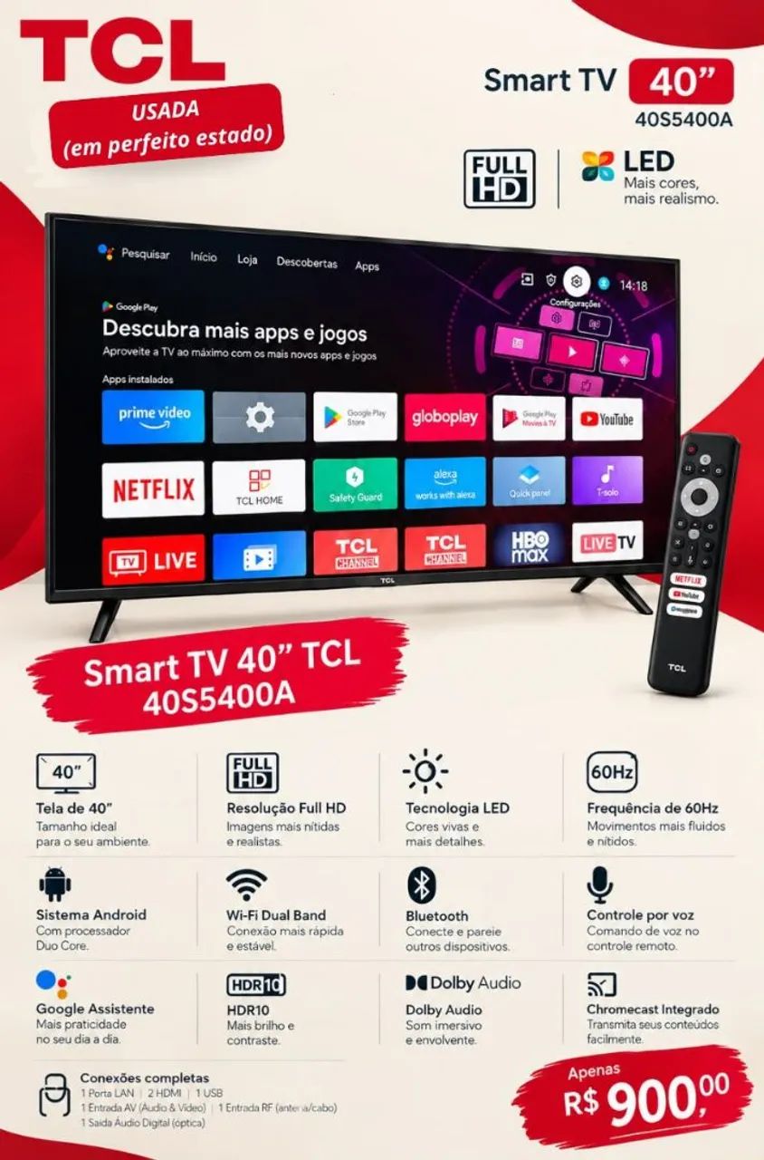 Smart TV 40" Full HD LED TCL 40S5400A Android