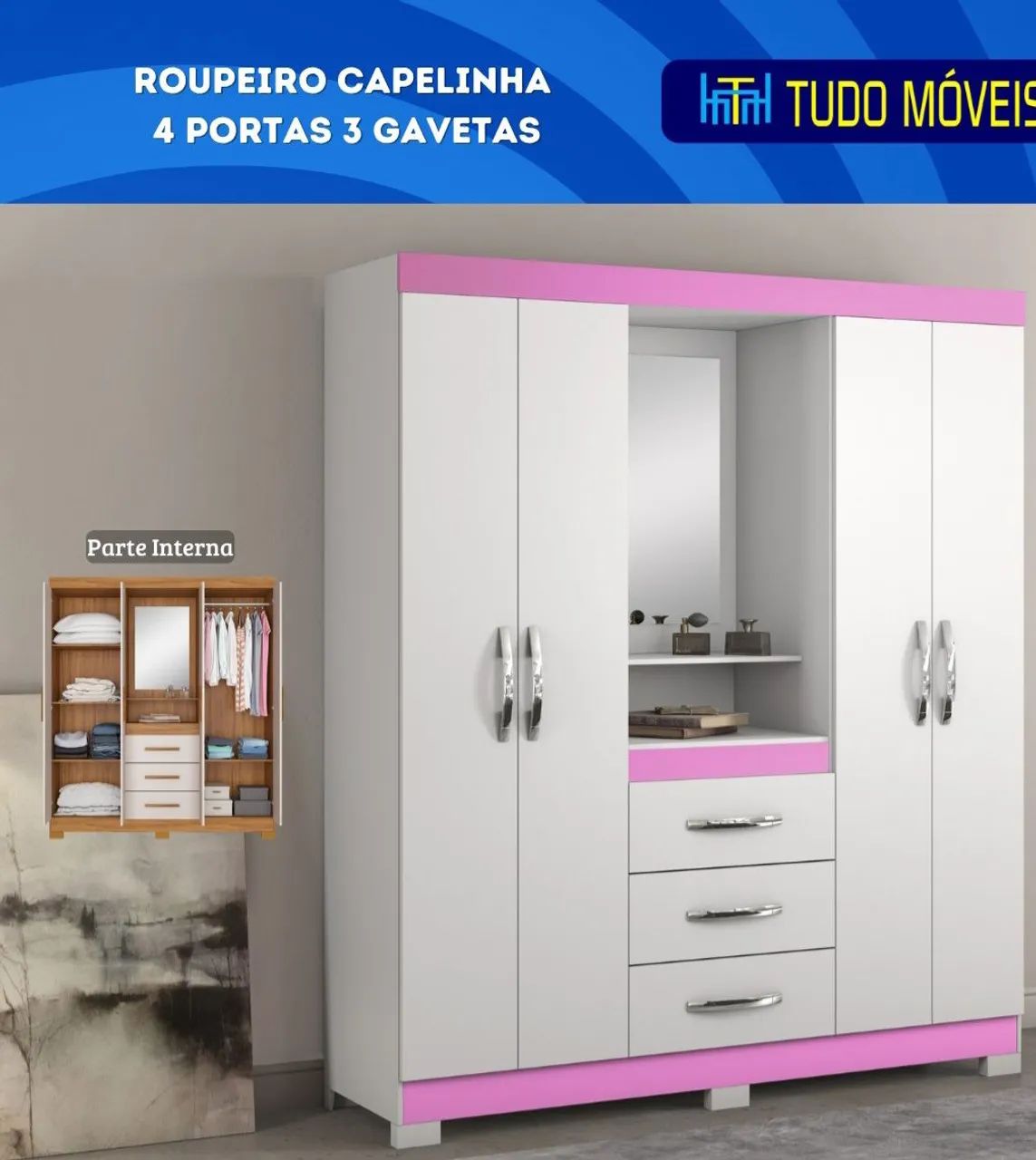 GUARDA-ROUPA CAPELINHA 4 PORTAS COM 3 GAVETAS - Foto 2