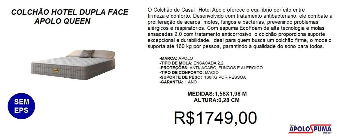 Colchão queen molas apolo hotel dupla face - à pronta entrega