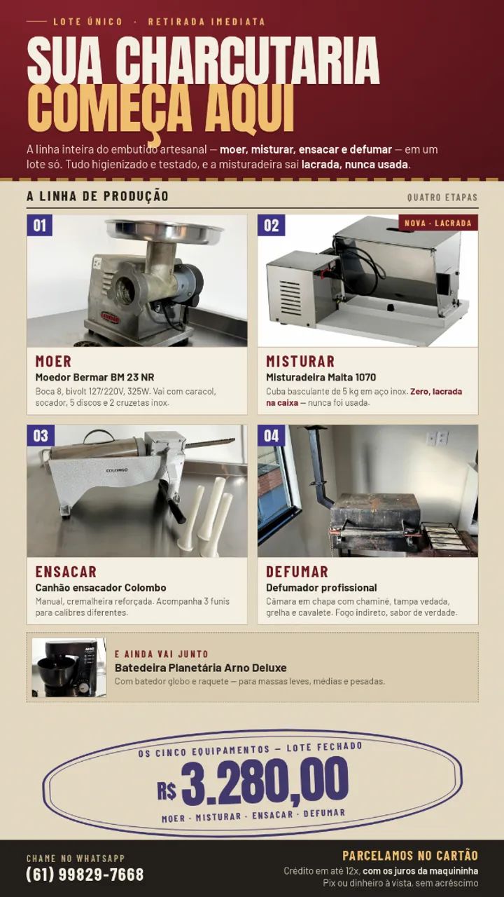 LOTE COMPLETO PARA CHARCUTARIA ? MOER, MISTURAR, ENSACAR E DEFUMAR
