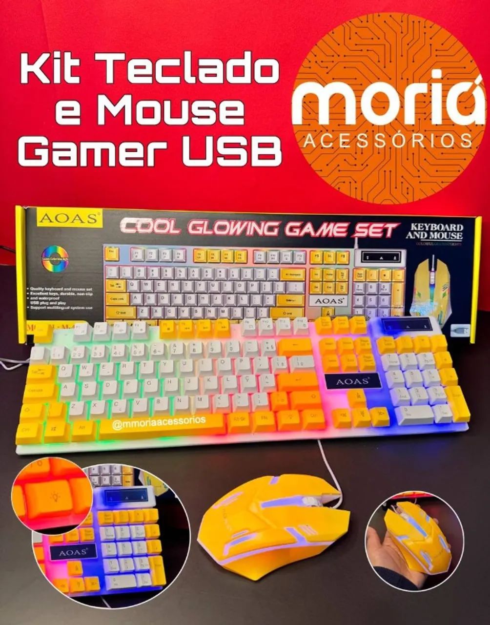Kit Teclado e Mouse Gamer Led AOAS M-450 Cor Amarelo - Foto 2