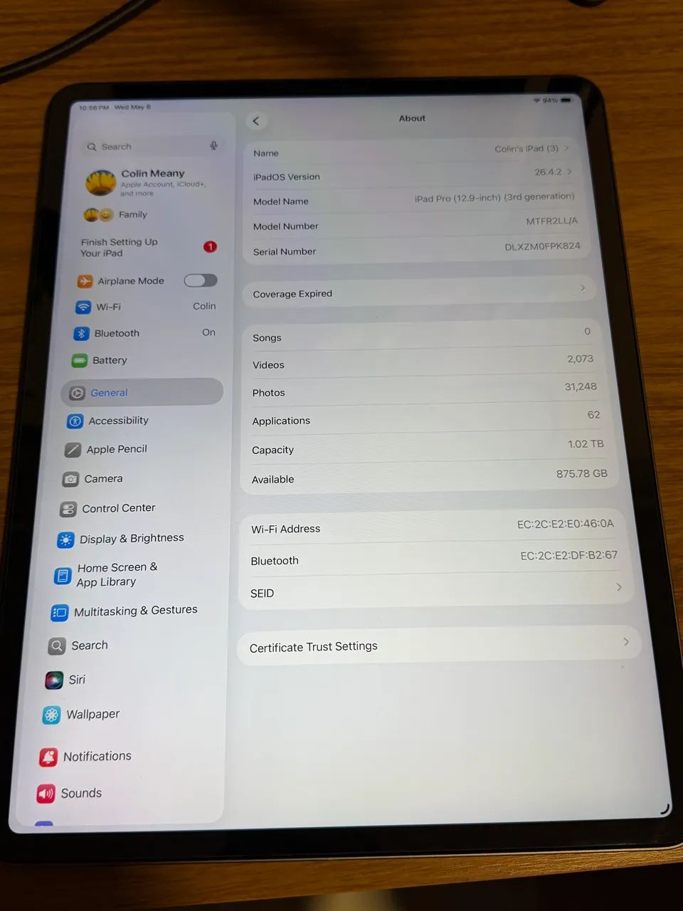 Ipad 2018 12.9 1tb 6gb ram