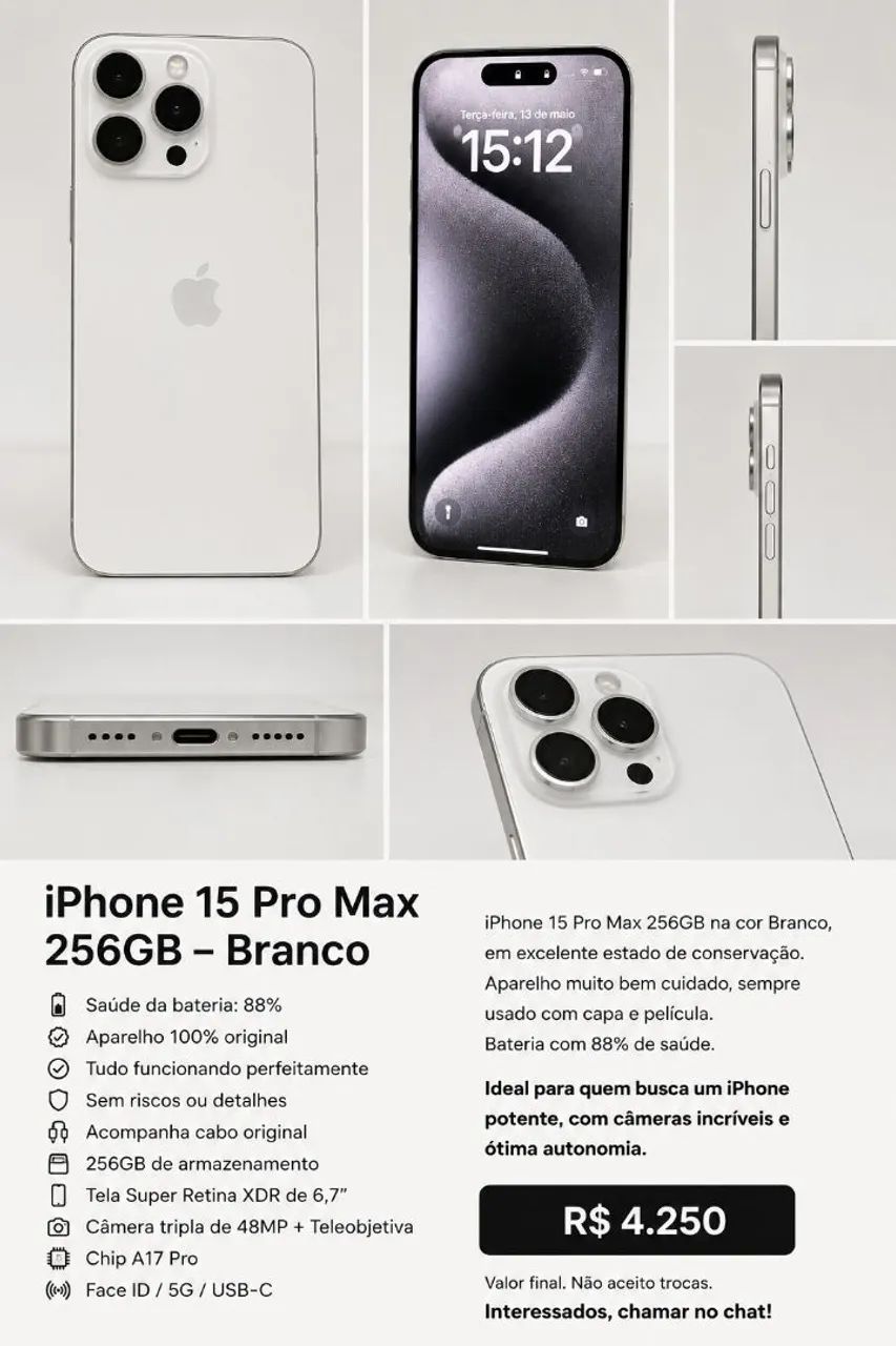 IPHONE 15 PROMAX 256 BRANCO 