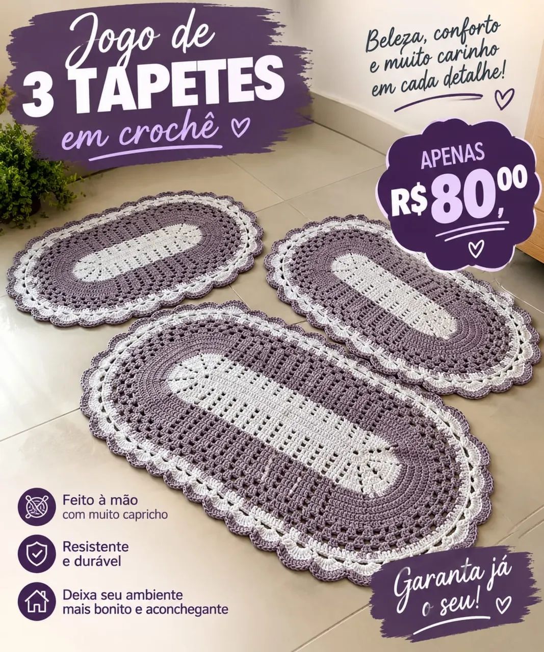 Jogo de  3 tapetes em crochê 