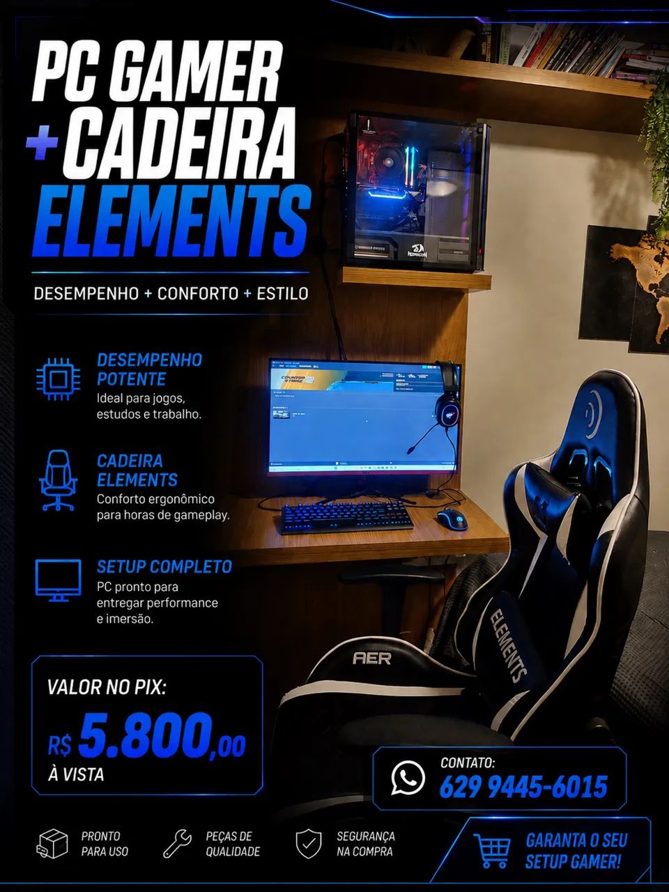 Pc Gamer - setup completo com cadeira Gamer elements