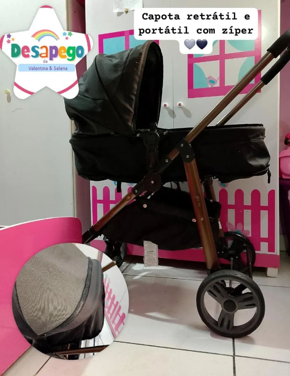 Kit Carrinho de bebê Moisés 3em1+ Bebê conforto Preto Napoli Galzerano Bem Conservado ? - Foto 2