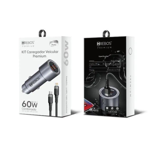 HREBOS Premium Kit Carregador Veicular 60W 2x USB-C com cabo Lightning - Cinza - Foto 5