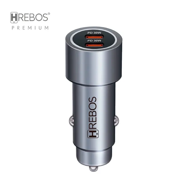 HREBOS Premium Kit Carregador Veicular 60W 2x USB-C com cabo Lightning - Cinza