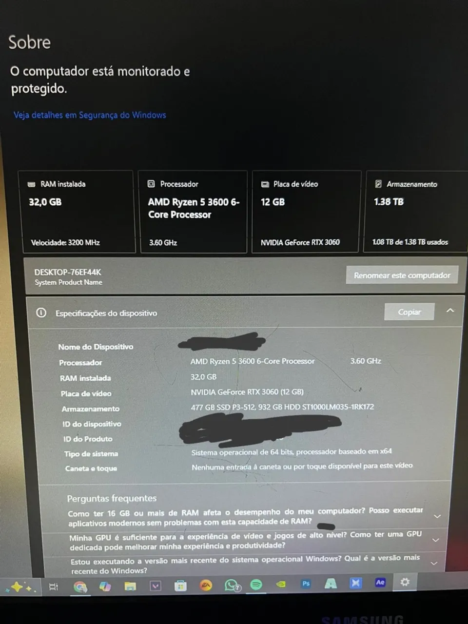 PC Gamer Ryzen 5 3600 / RTX 3060 12 GB / 32GB RAM / 1 TB de HD e 500 SSD