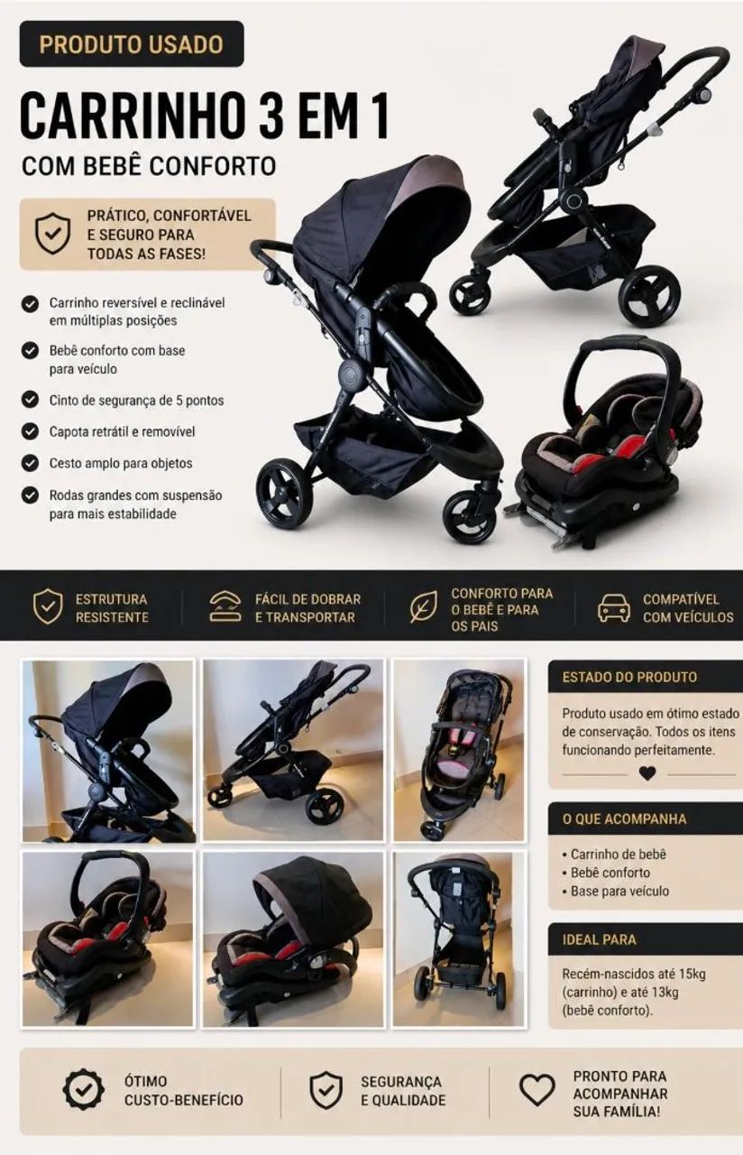 Carrinho de Bebê importado com Moisés, Bebê Conforto e Base. - Foto 2