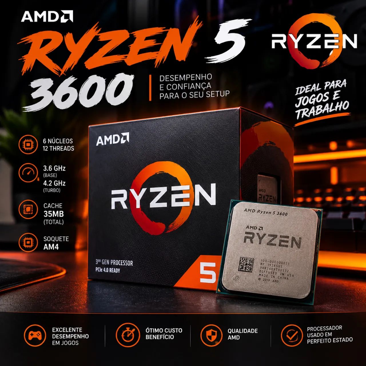 Ryzen 5 3600 AM4 | 6 Núcleos 12 Threads | Gamer | 100% Funcionando