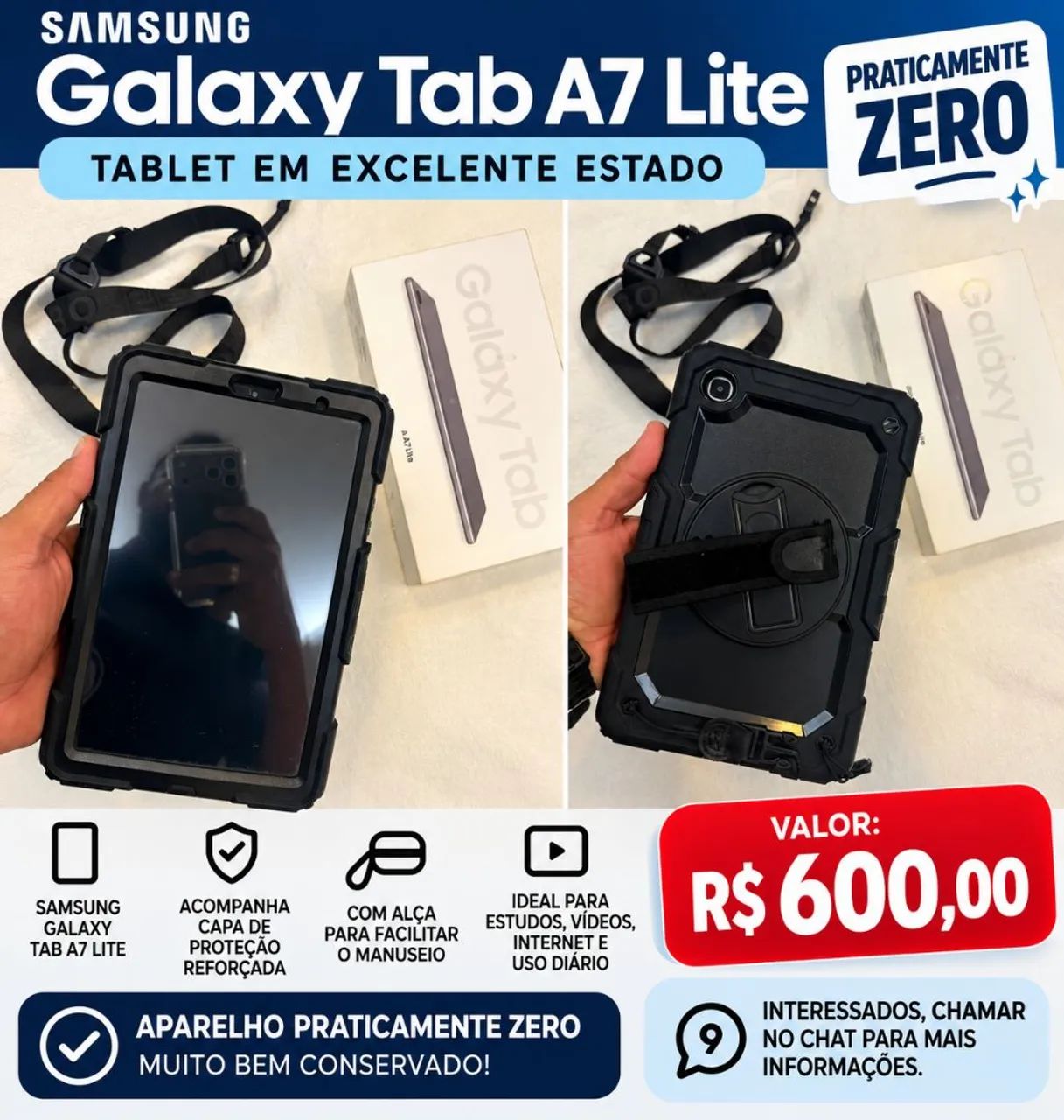 Samsung Galaxy Tab A7 Lite com Capa de Proteção - R$ 600<br>