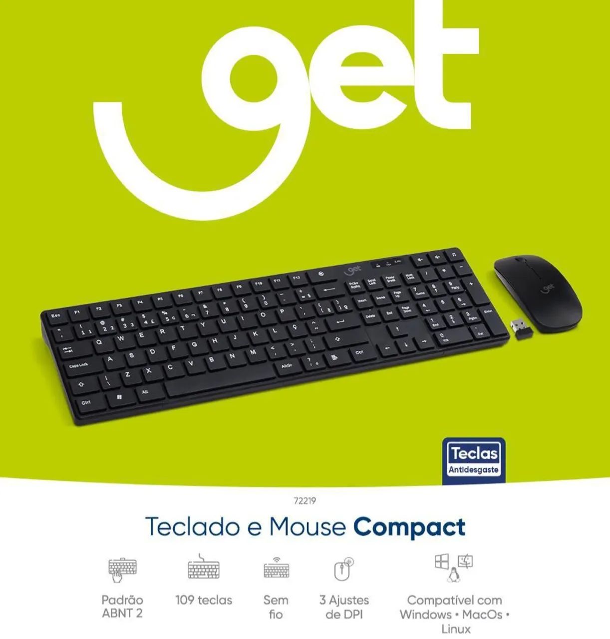 Teclado e Mouse Compact da Get.<br>Conectividade sem fio