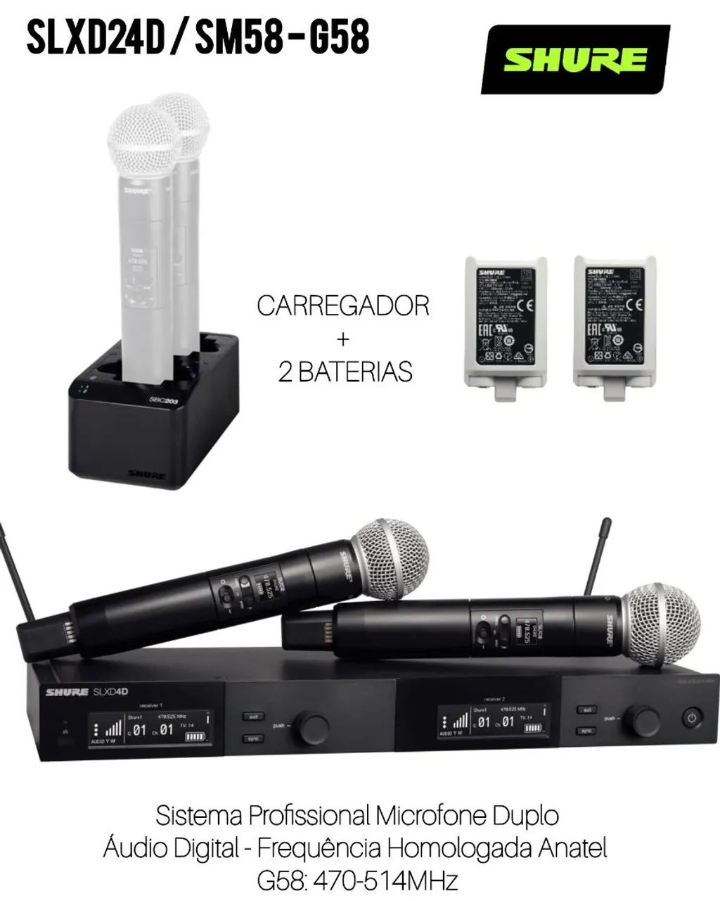 kit completo Microfone Duplo Sem Fio SHURE SLXD24D/SM58 + Carregador Duplo com 2 Baterias