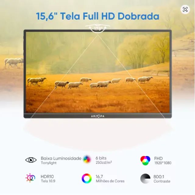Monitor Portátil ARZOPA de 15,6 polegadas 1080P FHD