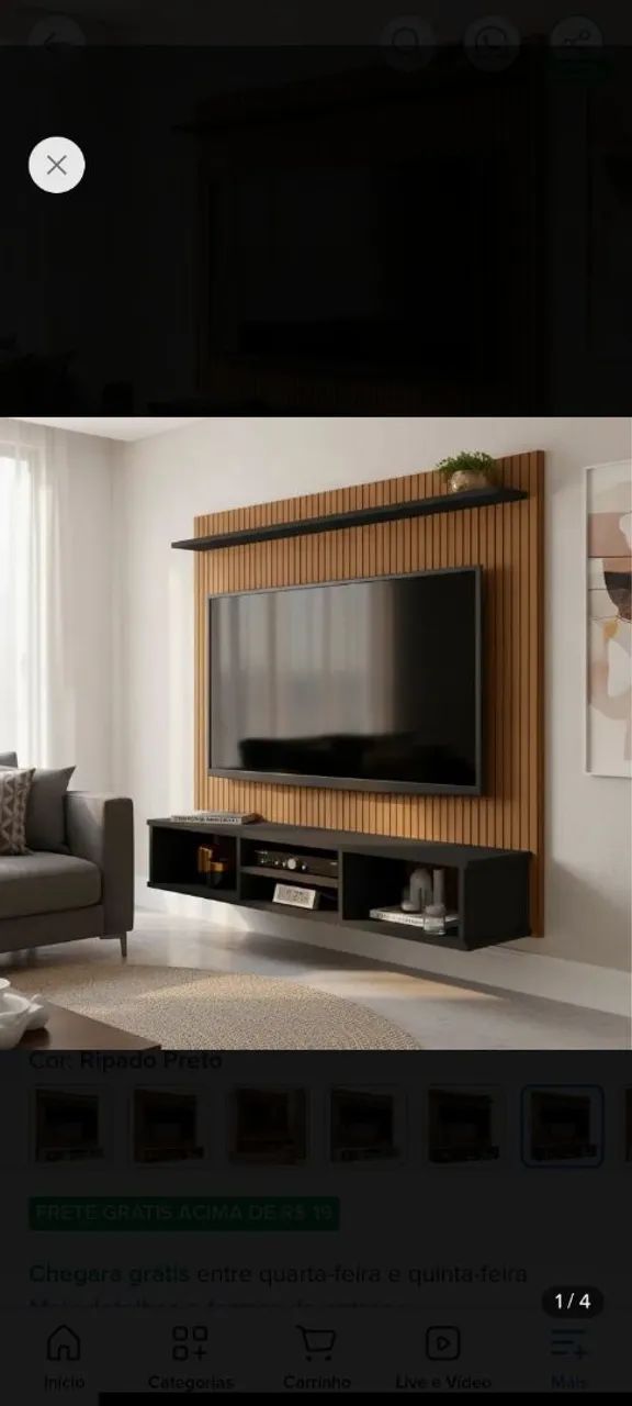 Painel TV Ripado Preto 3D com Nichos e Prateleira 50 Polegadas