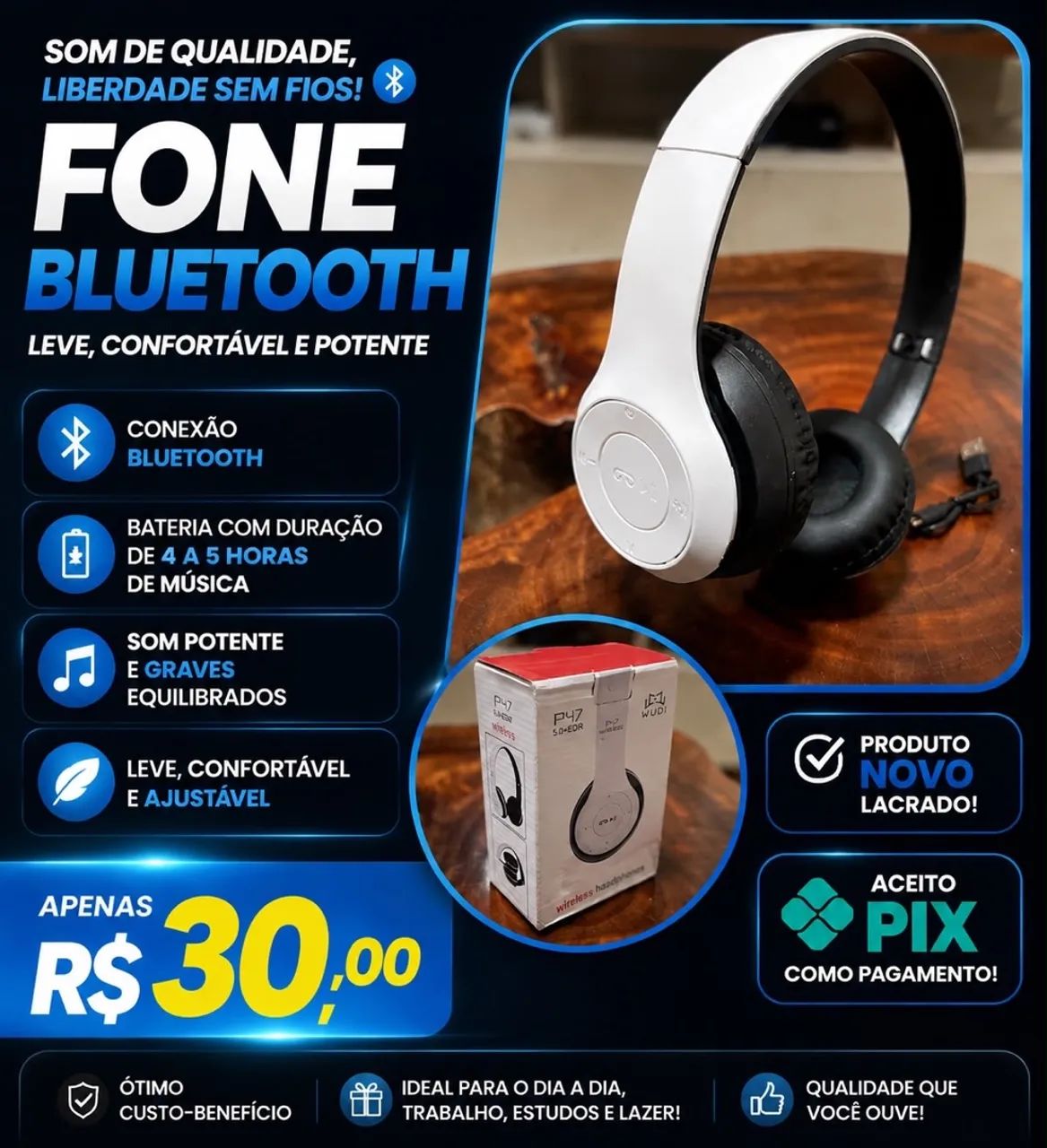 Fone Bluetooth sem fio 