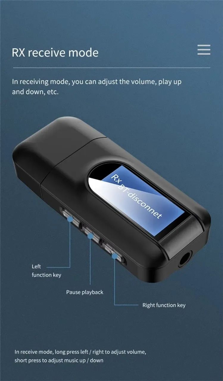 Transmissor e Receptor de Áudio Bluetooth 5.0 USB com Display LCD Estéreo AUX RCA 3.5MM  - Foto 2