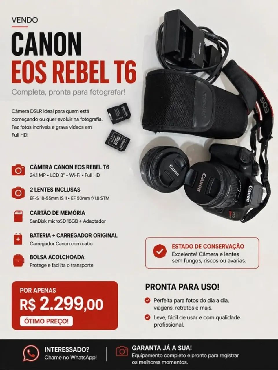 VENDO KIT FOTOGRÁFICO CANON Rebel T6 COMPLETO