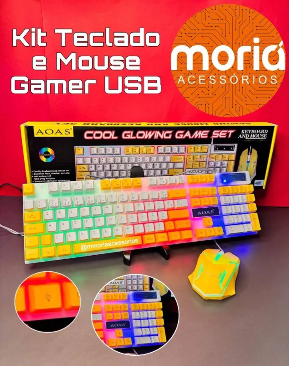 Kit Teclado e Mouse Gamer Led AOAS M-450 Cor Amarelo