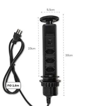 Torre De 3 Tomadas Usb A Usb C Multiplug 20a Retrátil Bivolt Cor Preto