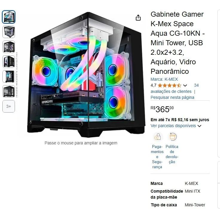 Gabinete aquário k mex / 4 fans rgb opcionais por 89,00 - Foto 4