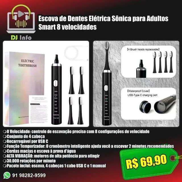 Escova de Dentes Elétrica Sônica para Adultos Smart 8 velocidades