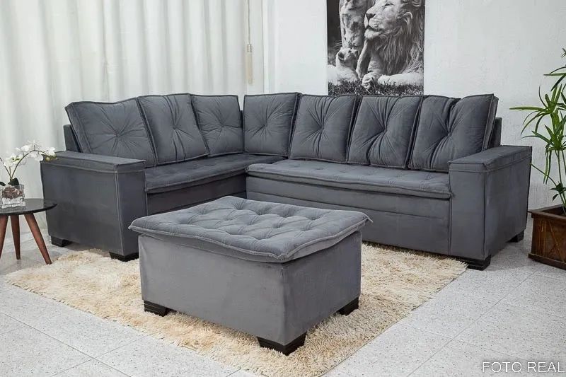 Sofá Canto 5 lugares com Puff Alemanha Veludo- Entrega Rápida - Foto 4