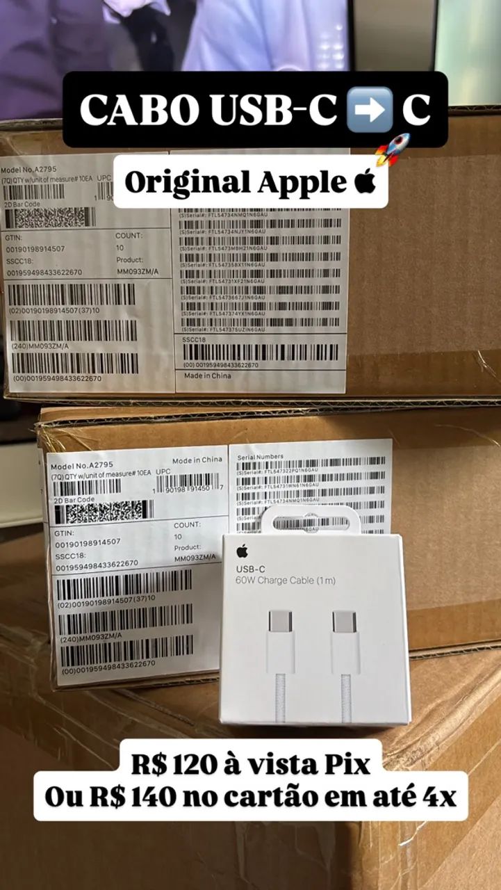 Cabo USB-C para IPhone 15 16 17 e 18 60W Trançado Original Apple