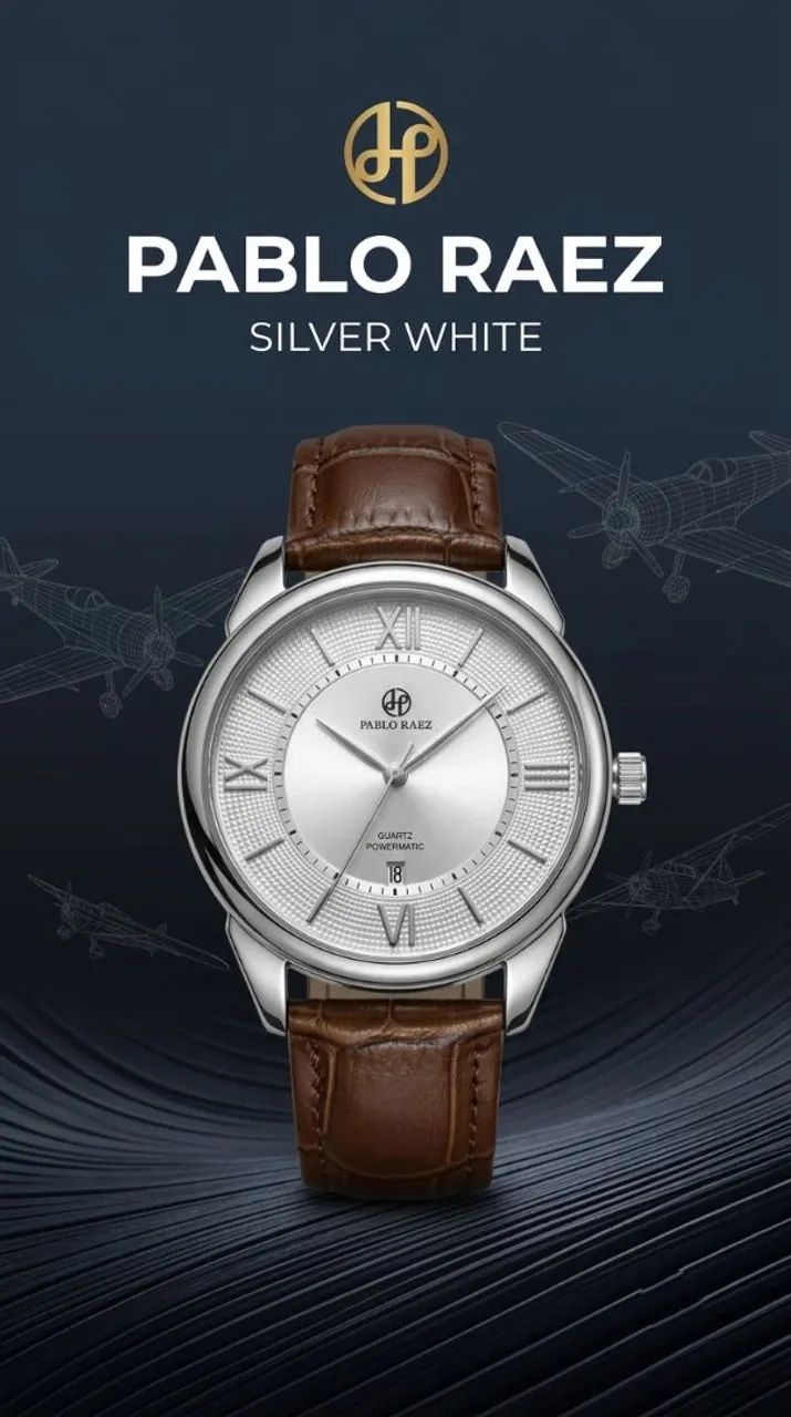 Relógio Deluxe Pablo Raez® Silver White Pulseira Couro Legítimo Marrom com Bisel Prateado