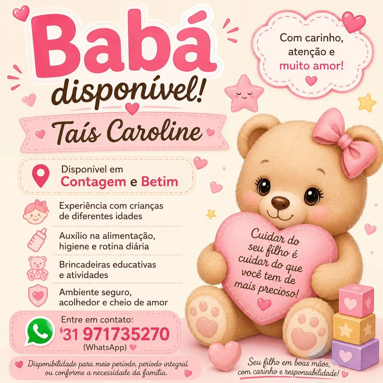 Babá disponível em Contagem e Betim |