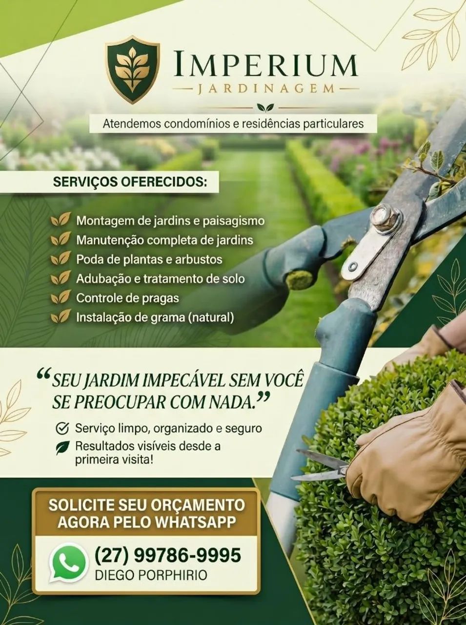 Corte de grama, manutenção de jardim e poda de arbustos.