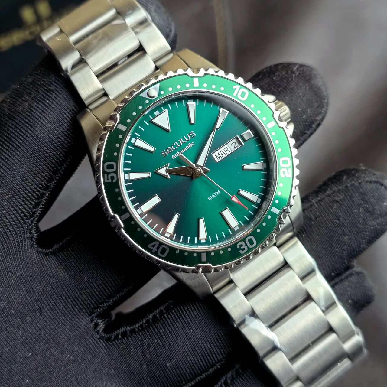 Relógio Seculus Diver Automatic 42mm Prata com verde - Foto 5