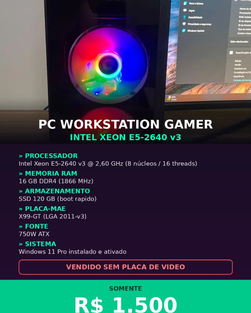 PC Gamer Workstation Kit Xeon E5 16GB SSD 120GB