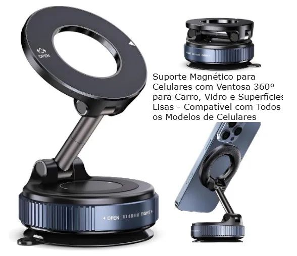 Suporte Magnético para Celulares com Ventosa 360° para Carro, Vidro e Superfícies Lisas - 