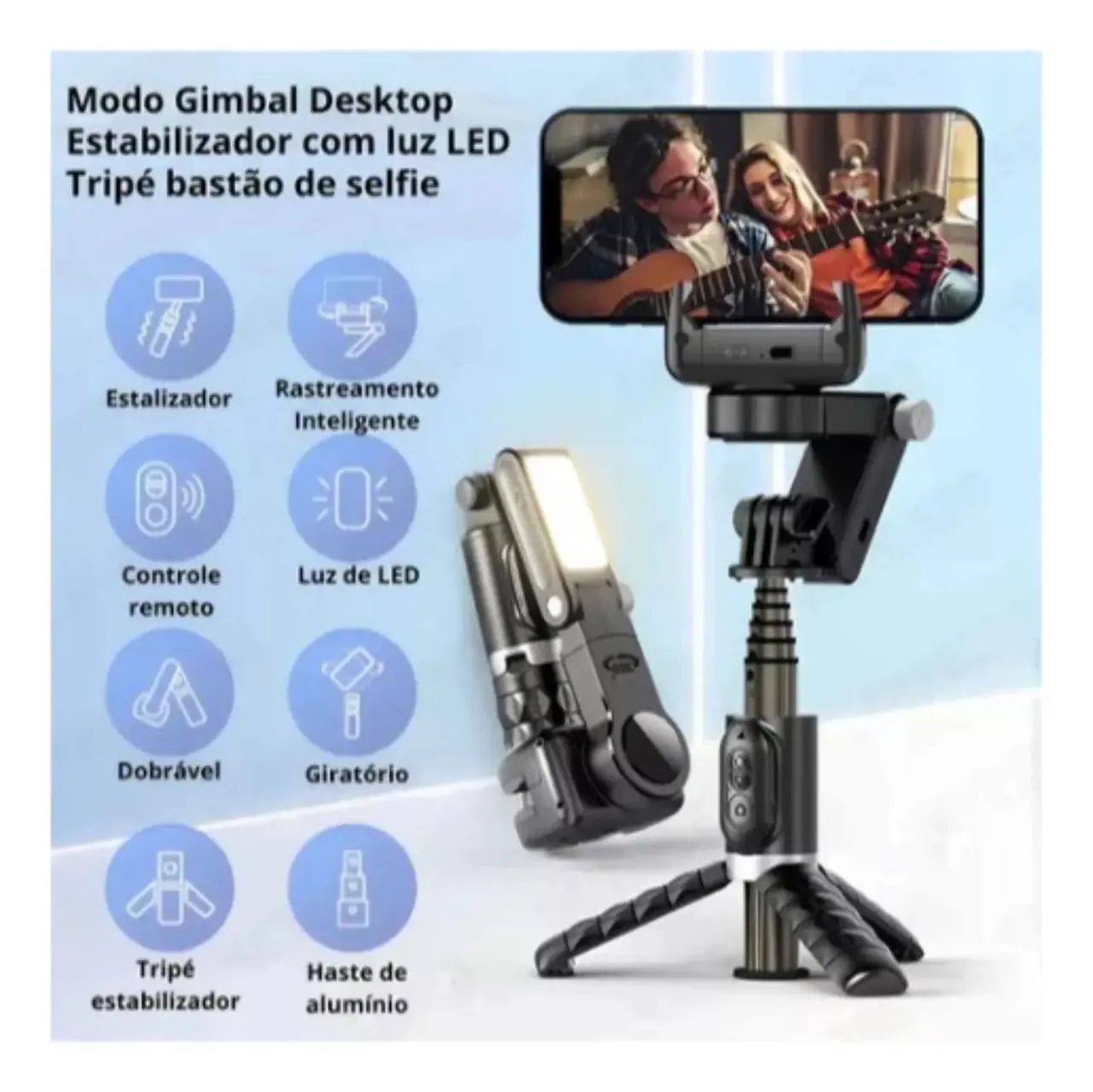 Guimbal Celular Profissional + Tripé 80cm Retrátil Luz Led