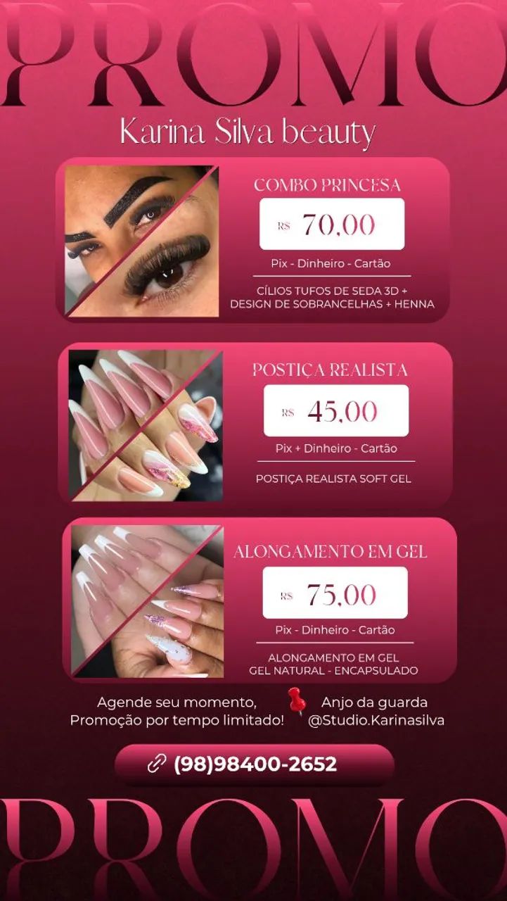 Alongamento de unhas, extensão de cílios, Sobrancelhas, Postiça realista.