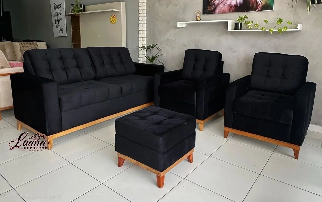 Kit Madri Sofá Luxo com 2 Poltronas e Puff 
