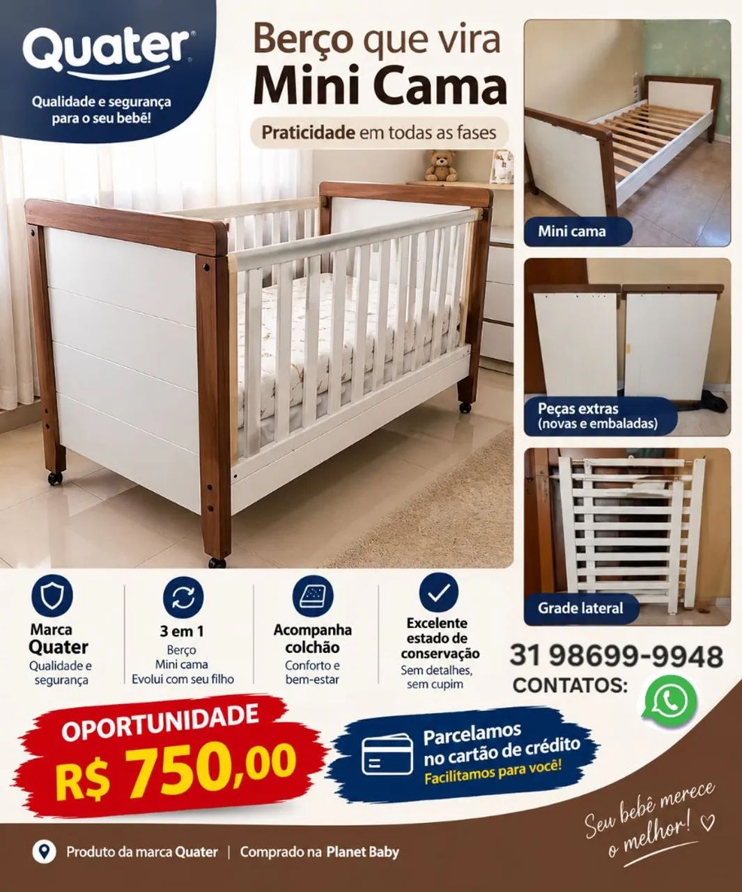 BERÇO QUATER QUE VIRA MINI-CAMA 
