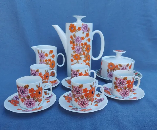 Antigo Jogo De Chá E Café, Porcelana Schmidt Floral Com Ouro