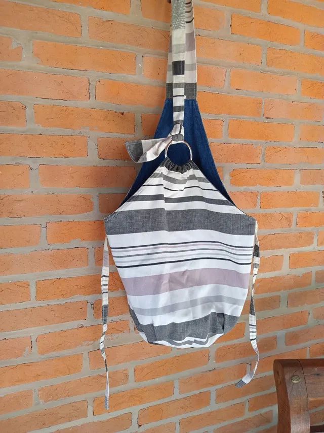 bolsa azul listrada dupla face artesanal