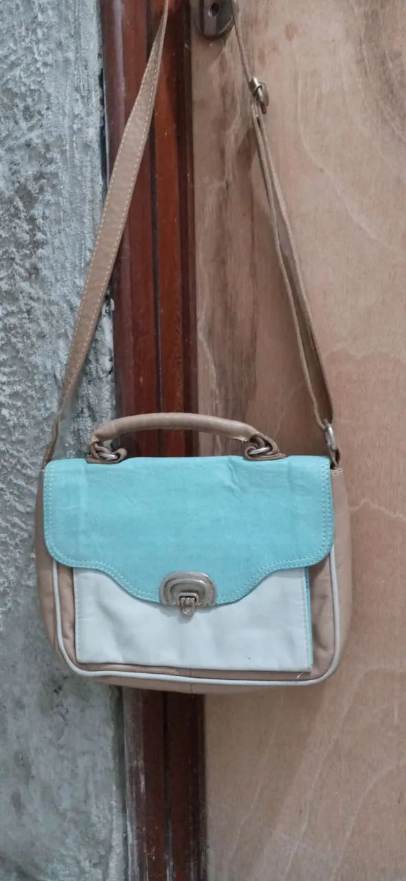 Bolsa de ombro feminina - azul e branca Le Postiche couro original
