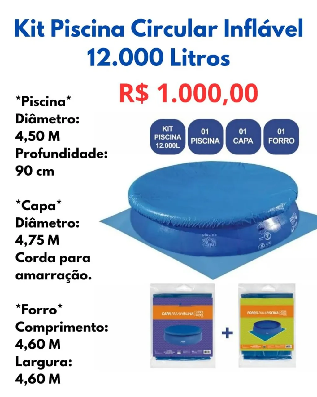 Kit Piscina Circular Inflável 12.000L + Capa+ Tampa
