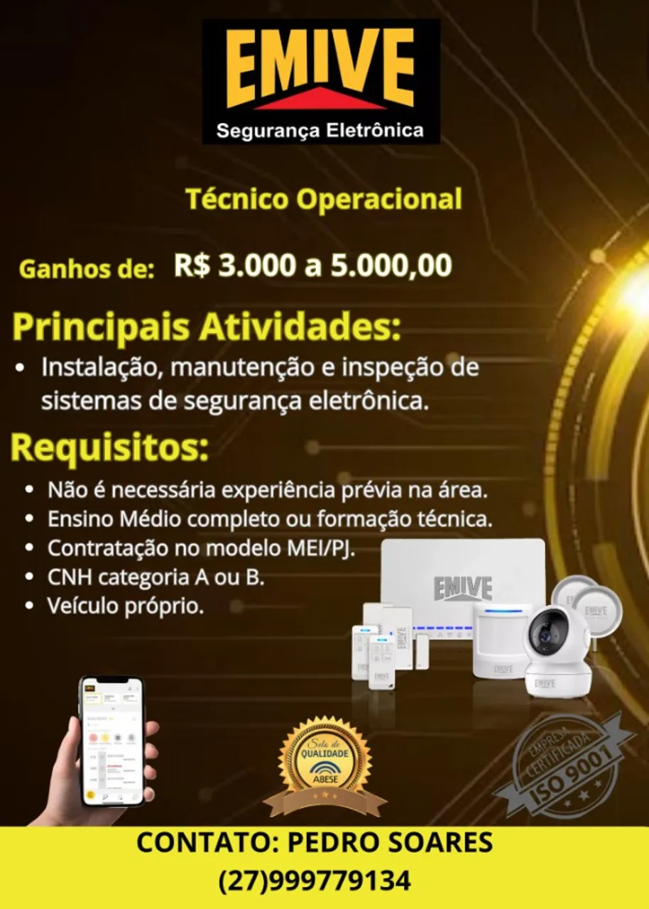 Vaga para técnico instalação e manutenção 