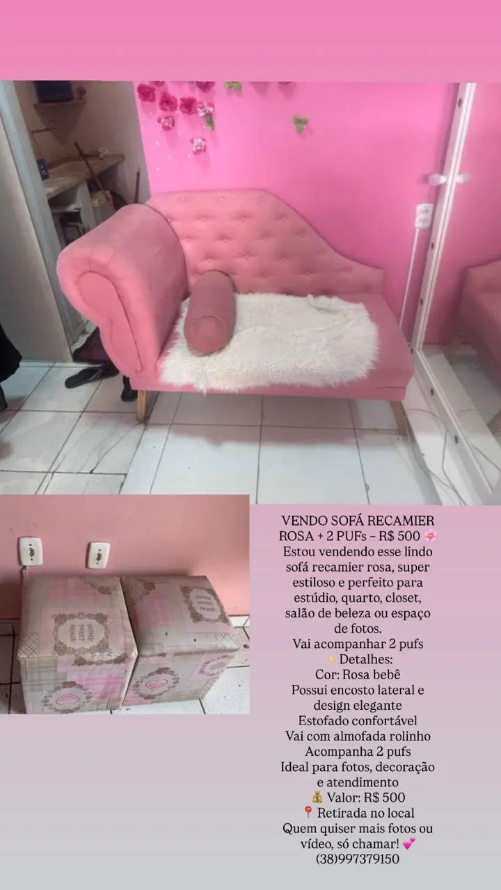 VENDO SOFÁ RECAMIER ROSA + 2 PUFs - R$500